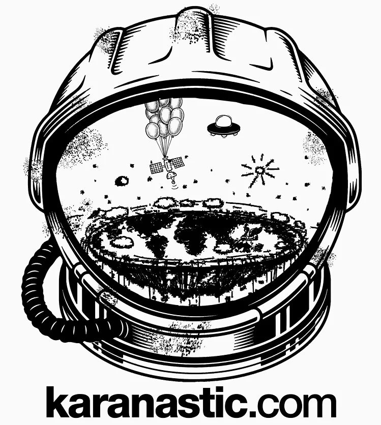 Karanastic Flat Earth Astronaut design — a flat-earth disc reflected in an astronaut's visor with a UFO overhead