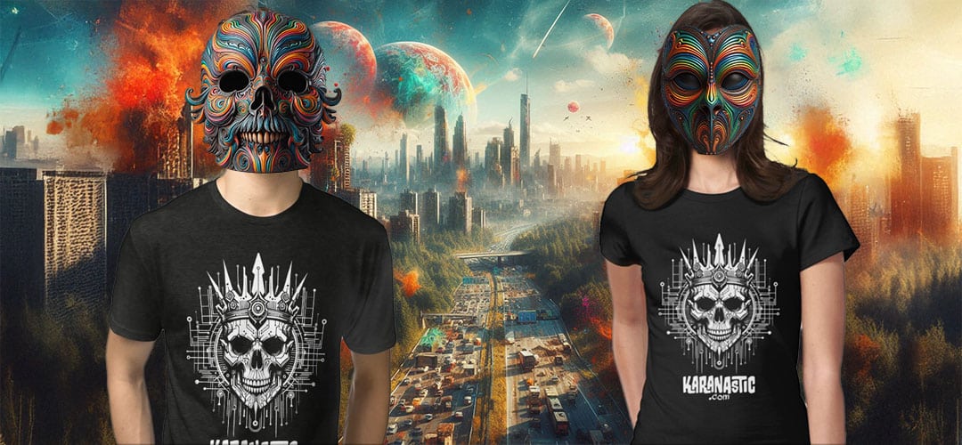 Two masked models wearing the Karanastic Skull King tee against a dystopian city skyline