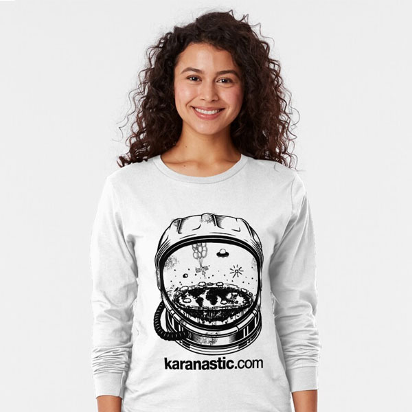 Girl wearing a flat earth astronaut shirt with the Karanastic website name