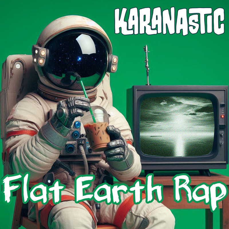 Flat Earth Rap - Titlecard - Showing an astronaut sitting down in front of a green screen drinking an ice coffee with a horizon on the tv screen