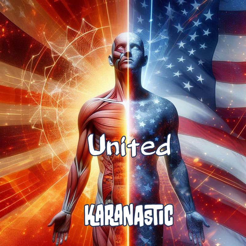 Album Art for United by Karanastic Featuring a Man transcending with the image split in half, and the American flag.