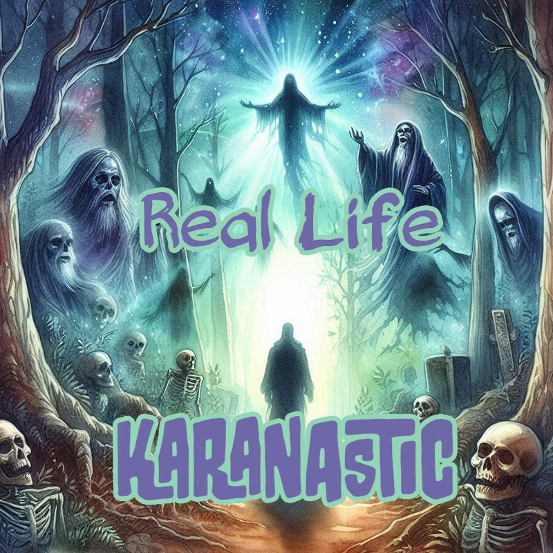 Album art for the single "Real Life" by Karanastic. An eerie paining in the woods with ghosts and mystical floating figure