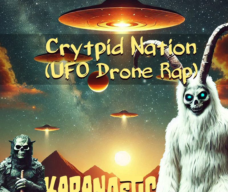 A yeti in front of a bunch of UFOs in the sky with pyramids - for Karanastic Crytpid Nation Song Artwork