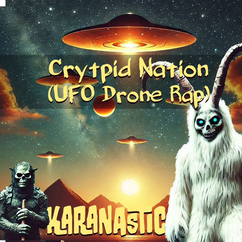 A yeti in front of a bunch of UFOs in the sky with pyramids - for Karanastic Crytpid Nation Song Artwork